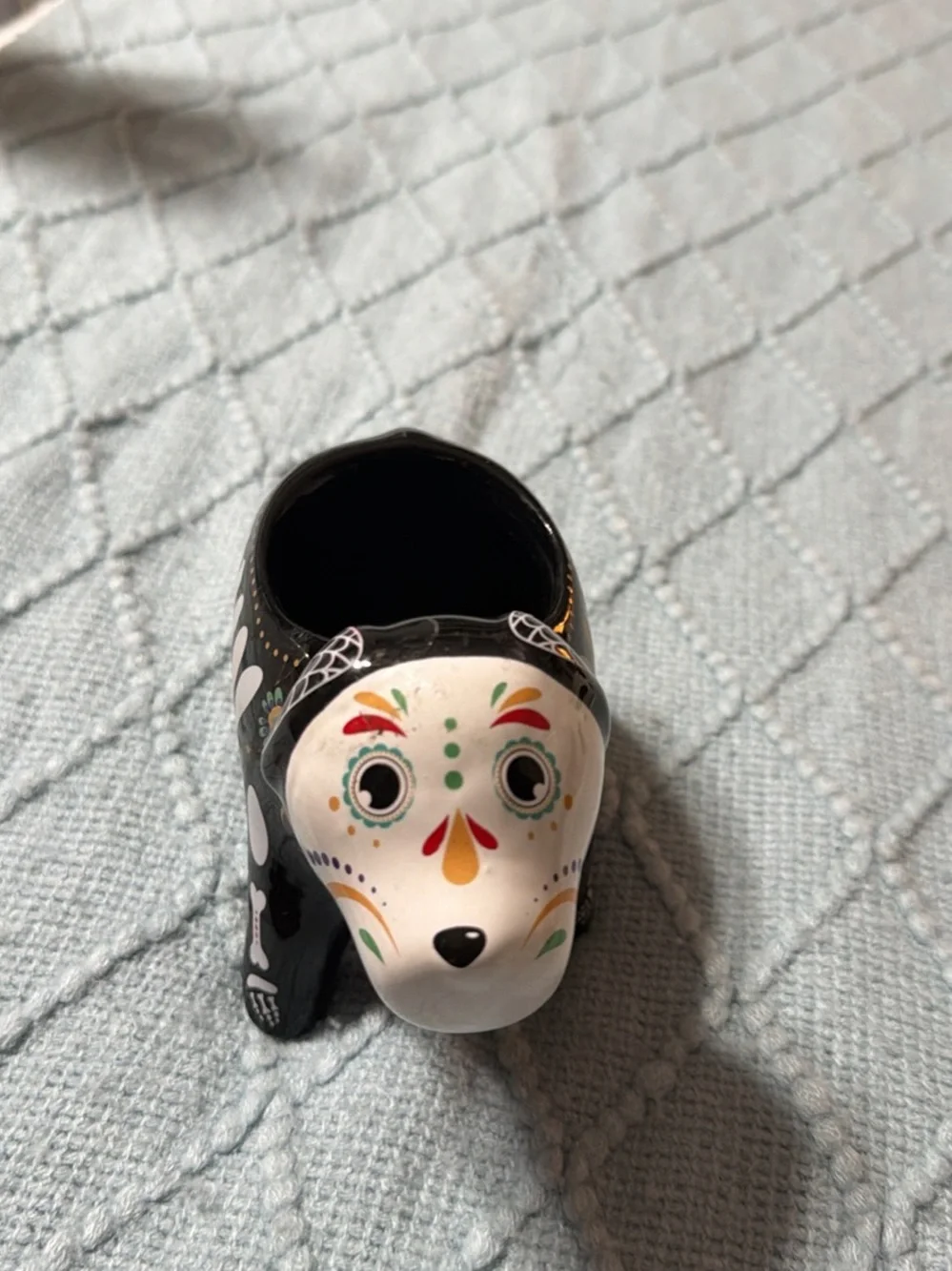 Hand-Painted Day of the Dead Black Ceramic Dog Planter